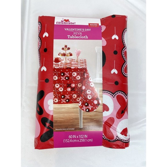 Celebrate Valentine’s Day Peva Tablecloth 60x102” Rectangle Red Hearts - Picture 1 of 2